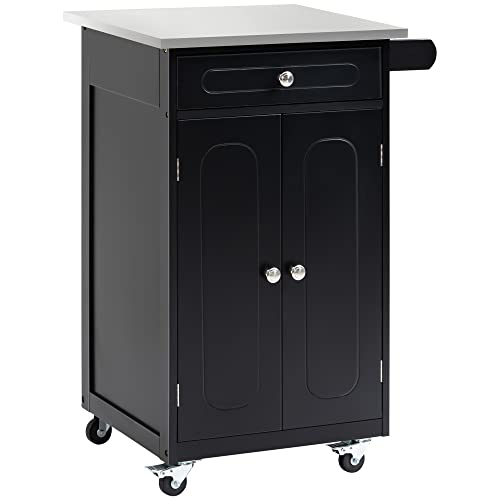 HOMCOM Chariot de Service desserte de Cuisine à roulettes Multi-rangements 1 tiroir Placard 2 Portes avec étagère Porte-torchons MDF Noir Acier Inoxydable