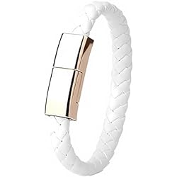 OAXYS PULSERA CABLE CARGADOR TIPO IOS LIGHTNING PULSERA ESTILO PIEL TRENZADA REGALO NAVIDAD HOMBRE MUJER (BLANCO)