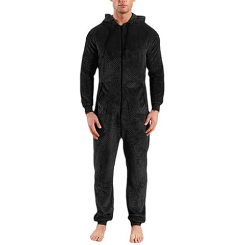 Lu's Chic Men's Hooded Onesie Pajamas Waffle Knit Fuzzy Fleece Plush Winter Soft Lounge Sleepwear Zip Up Jumpsuit Loose Baggy Adults Long Sleeve Long Pants One Piece Pjs Black Large Cover