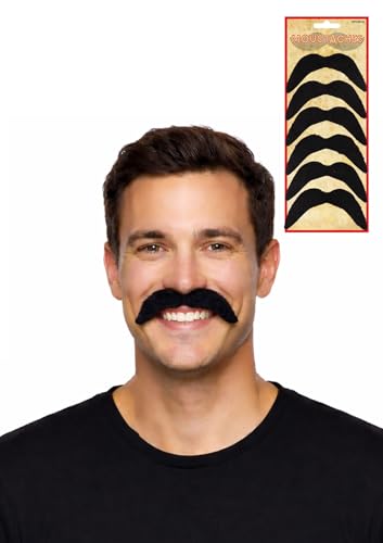 Henbrandt Lot De 6 Fausses Moustaches Adhésives Noires I Déguisement Autocollantes I Homme Accessoire I Méxicain Années 70 Gringo