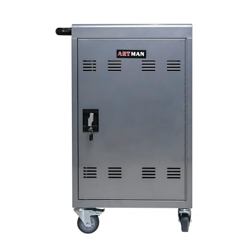 32-Device Mobile Charging Cart for Laptops & Tablets, All-Steel Locking Station with Power Strip & Brake Casters, Silver (38.3