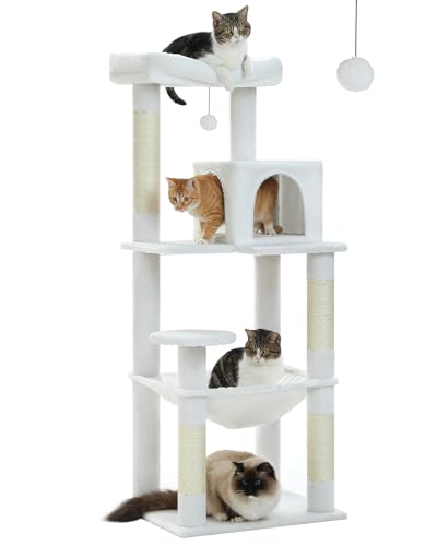 Image of MUTTROS Cat Tree for Large Cats with Metal Plush Big Hammock, 56.3 inch Cat Tower for Indoor Cats with 2 Door Condo House, 6-Tier Cat Shelves with Scratching Posts and Large Top Perch, Cream White