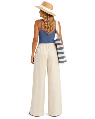 Zylioo Palazzo Pantalon en lin pour femme avec taille élastique et poches pour l'été, la plage, les vacances, Beige, XL extra tall - 4