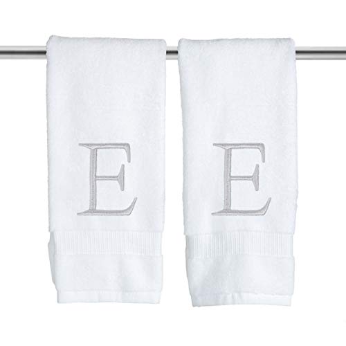 White with Silver Monogrammed Hand Towels for Bathroom - Set of 2 Letter E