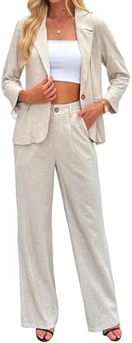 Women's Linen 2 Piece Outfits Blazer Suit Wide Leg Pantsuits Dres...