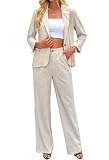 Women's Linen 2 Piece Outfits Blazer Suit Wide Leg Pantsuits Dressy Business Casual Work Jackets Sets Beige