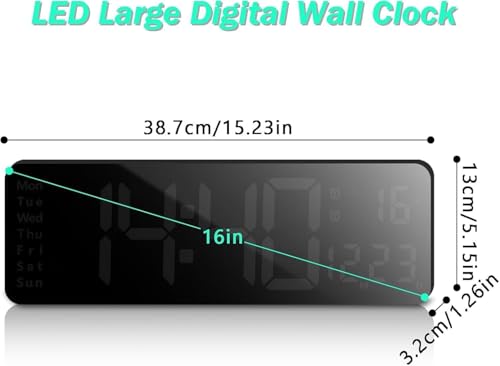 Image of 15-Inch Digital Wall Clock with Large LED Display - Remote Control, Auto-Dimming, Night Light, Date, Day, Temperature, DST Function - Ideal for Living Room, Bedroom (Green & White)