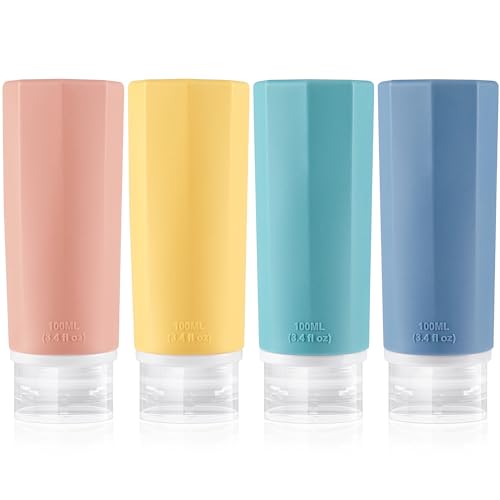 Opret Botellas de Viaje Silicona 4 Pack, Botes Rellenables Viaje de 100ml a Prueba de Fugas para Gel, Champús, Lociones y Artículos de Tocador, FDA Certificado Sin BPA