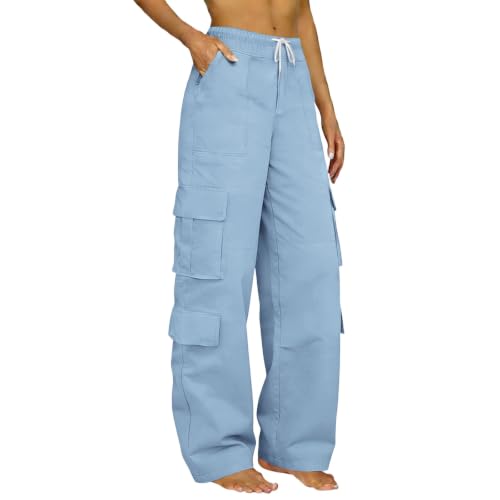 Image of Uwdiohq Lightweight Cargo Trousers Women High Waisted Drawstring Cargo Pants with Multiple Pockets Ladies Casual Baggy Wide Leg Jogging Hiking Sweatpants Petite/Regular/Tall C Light Blue M