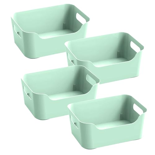 Image of KOLORR Jolly Plastic Small Baskets with Handle for Storage Box| Multipurpose Light Weight Plastic Baskets organiser for Make-up Stationary Cosmetics Kitchen Livingroom Bathroom | Pack of 4 - Mint