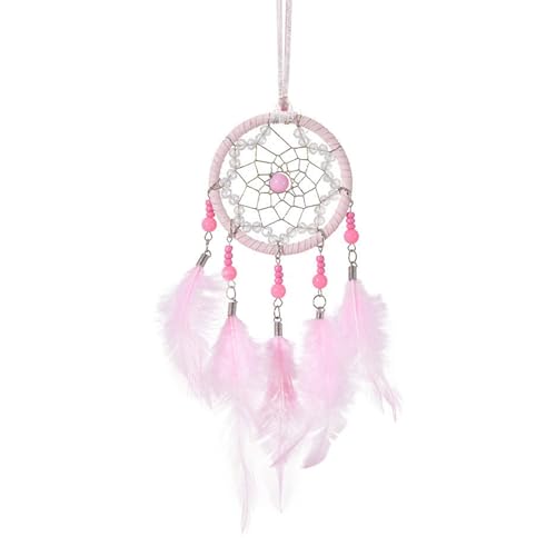 URYVAIW Traumfänger, Rosa, Handgemacht, Ø8cm, Gesamtlänge 22cm, mit Federn & Perlen, für Schlafzimmer & Kinderzimmer, Schutz vor Albträumen, Deko-Geschenk