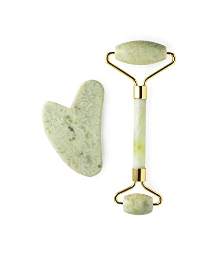PREMIUM Massage Roller & natürlicher Gua Sha Jade Stein im Set für Gesicht Massage, Nacken Massage, Anti-Aging Behandlung, Narben Roller ergänzen die Hautpflege und sorgen für gesunde Cover
