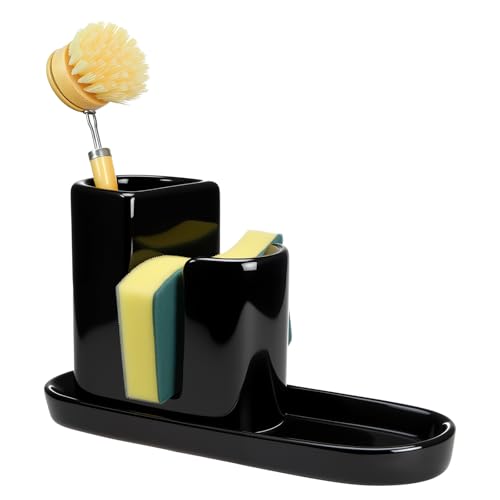 Geelin 3 in 1 Ceramic Kitchen Sink Caddy Dish Sponge Holder, Black