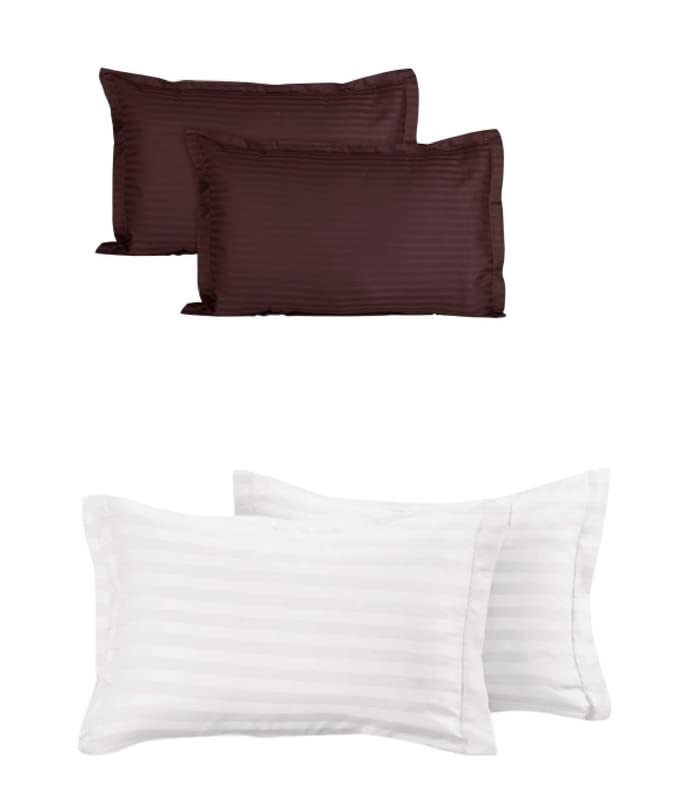 Image of 210 TC 100% Cotton Pillow Covers Set of 4 | Ultra Soft Satin Striped Pillow Case | 18 x 27 Inches, White & Maroon