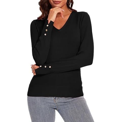 Spicy Sandia Women's V Neck Sweaters Long Sleeve Lightweight Pullover Knit Shirt Top Essential Dressy Casual Trendy Black XL Cover