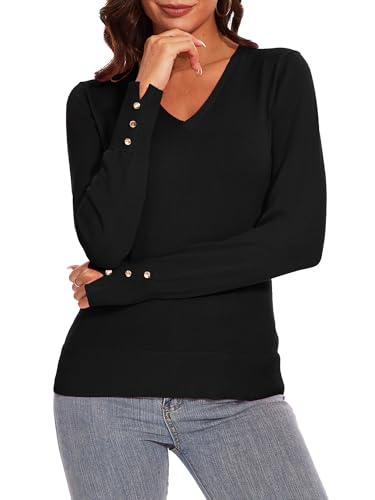 Spicy Sandia Women's V Neck Sweaters Long Sleeve Lightweight Pullover Knit Shirt Essential Top Dressy Casual