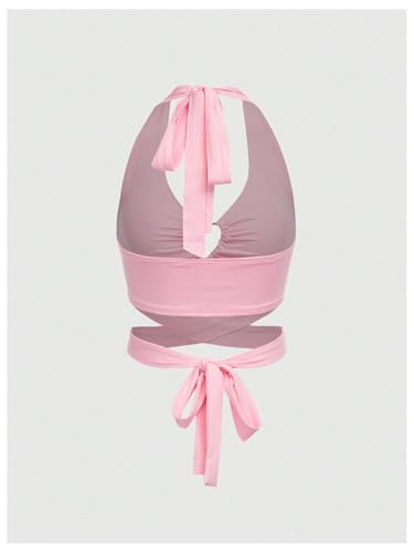 SweatyRocks Women's Criss Cross Tie Back Ruched Sleeveless Halter Crop Top Camisole2