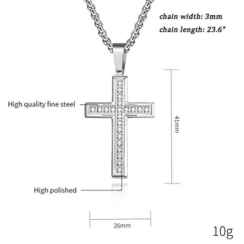 Nylry Cross Necklace For Men 316L Stainless Steel Silver Cross Chain Cubic Zirconia Black Mens Cross Pendant Necklaces For Boys Women Teens Gold Simple Necklace Jewelry Gifts B Silver #TOP3