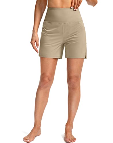 G Gradual Women's 5" High Waisted Swim Board Shorts With Phone Pockets Upf 50+ Quick Dry Beach Shorts For Women With Liner(Khaki, Xx-Large) #TOP2