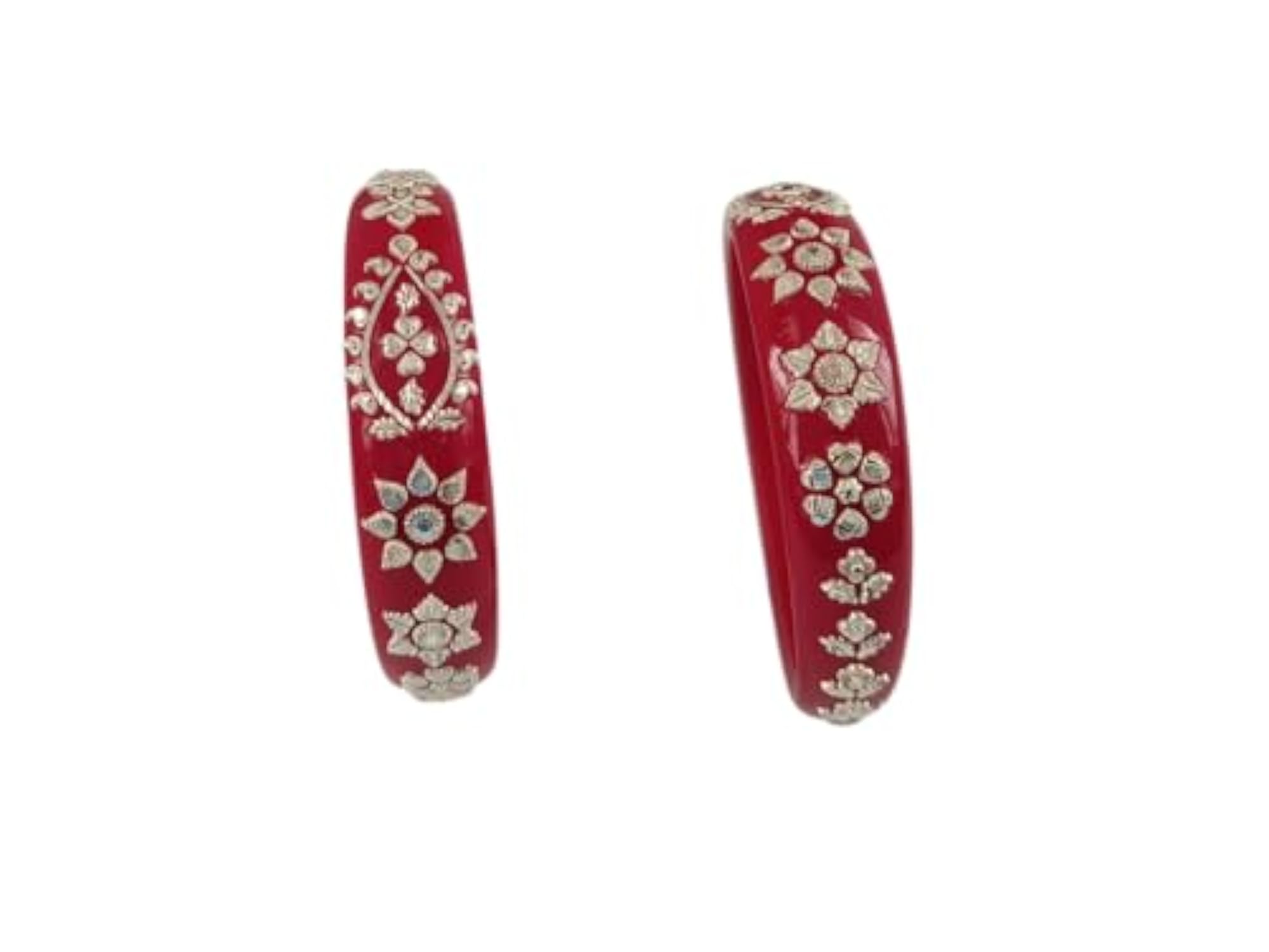 Silver Dark Red Mohini Pola Bangle Set, Pack of 2