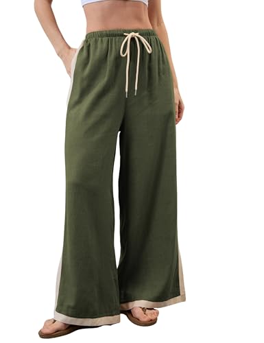 Lentta Womens Linen Wide Leg Pants Side Striped Palazzo Pants