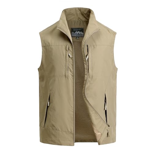 MeiLayM Herren Outdoor Weste Atmungsaktiv Anglerweste Sommer Schnelltrocknend Weste Vielen Taschen Weste Freizeit Ärmellos Jacke Camping Safari Fotografie Weste Khaki,XL