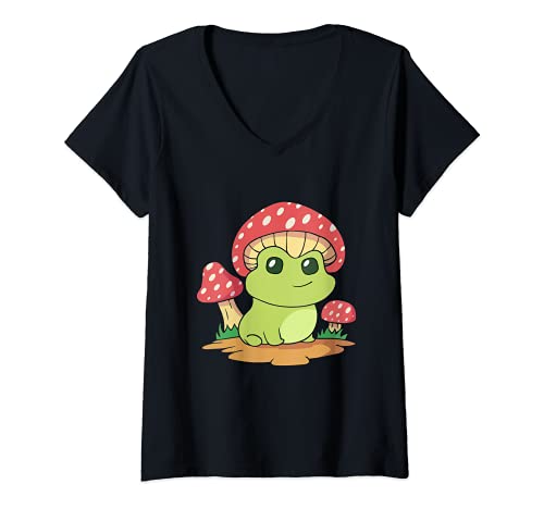Donna Frog with Mushroom Hat Cottagecore Kawaii Aesthetic Maglietta con Collo a V