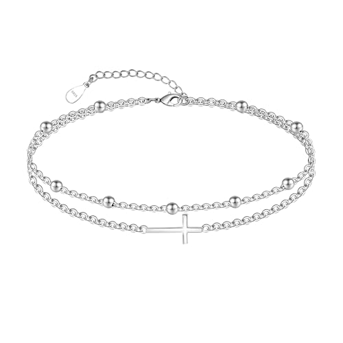 CHIC & ARTSY Womens Sterling Silver Created Opal Layered Anklet Bracelet Dainty Beaded Chain Adjustable 11