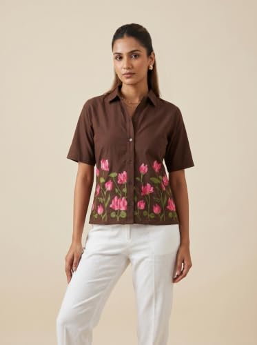 Image of Stylish Women's Embroidered Shirts | Geometric Pattern Half Sleeve Collared Button-Up Casual Shirt for Women