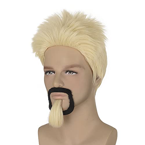 Qaccf Mens Short Straight Blonde Guy Spiky Realistic Synthetic Costume Wig With Beard And Goatee #TOP2