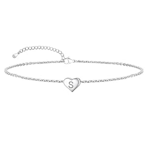 ChainsPro Women Anklets Initial Silver, 925 Sterling Silver Ankle Bracelet with Adjustable Chain, A-Z Letter Heart Foot Chain for Beach Summer (Gift Packing)