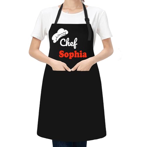 KAMXPOE Personalized Chef Apron with Name Text, Custom Adult Aprons for Women Men, Adjustable Polyester Waterproof Chefs Professional Aprons with Pockets, Gifts for Family BBQ Baking Cooking