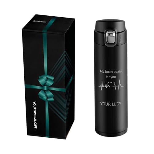 Image of Maverton Personalised Black Travel Mug - Insulated Coffee Mug for Man - Thermal Mug with Spill-Proof Lid for him - Stainless Steel Drinking Cup with Opening - for Birthday - Travel Mug for Men - Beat
