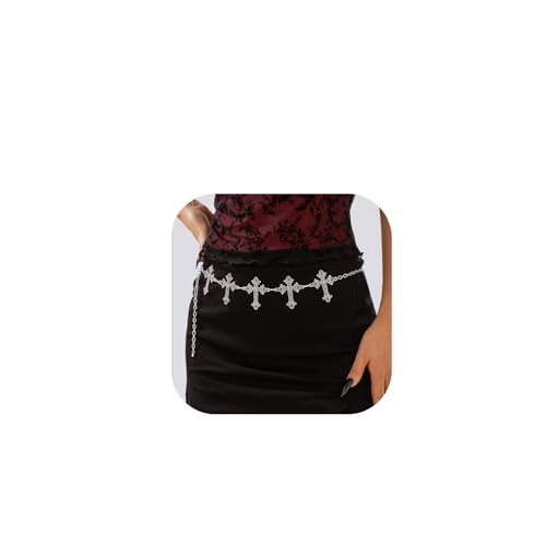 Waist Chain Belt for Women,Silver Cross Pendant Waist Body Chain,35Inch Long Metal Link Chain Belt Outfit Dress Body Jewelry for Women