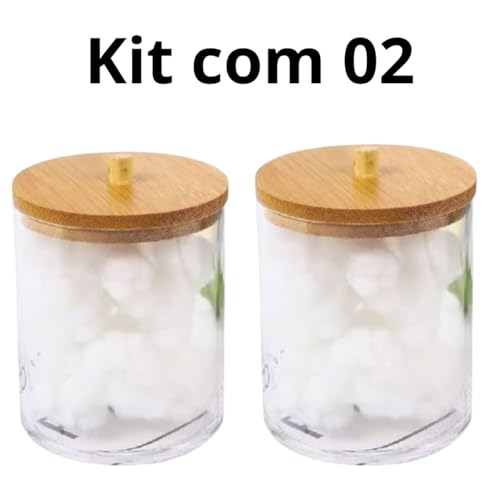Kit 02 Porta Cotonete Organizador de Algodão Acrílico Transparente Tampa de Bambu Caixa de Armazenam