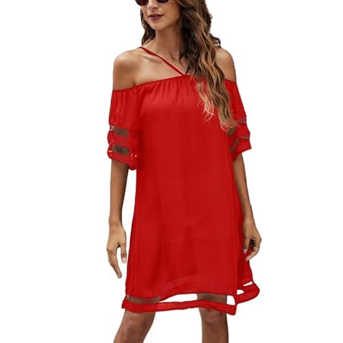 Sommerkleid Damen Knielang Elegant Kleid Damen Sommer A Linie Kleider Spaghettiträger Schulterfrei Strandkleid Rückenfrei Sommerkleider Frauen Leicht Und Luftig Damenkleider Tüll Patchwork