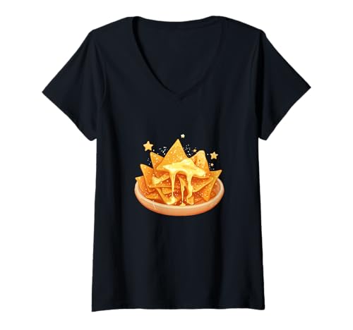 Mujer Nachos dorados con queso fundido Camiseta Cuello V
