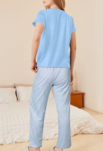 Image of Ekouaer Pajama Sets for Women Round Neck Pjs Short Sleeve Sleepwear with Long Pants Loose Lounge Sets Light Blue Star X-Large