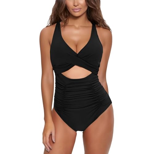 Traje de baño para mujer 1 pieza cruzado gran tamaño Swimming traje de baño plano cuello en V sexy Swimsuit color sólido acolchado Swimwear nuevo delgado suelto retro bikini chic piscina playa verano