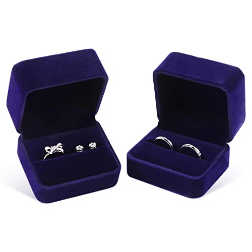 Isuperb Set Of 2 Blue Velvet Couple Double Ring Box Earring Jewelry Case Gift Boxes 2.7X2.7X1.6Inch #TOP2