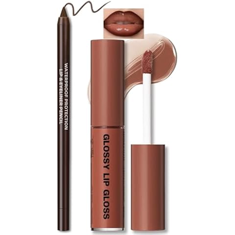 HOSAILY Nourishing Lip Gloss with Brown Lip Liner Lip Combo Set, Moisturizing High Shine Nude Lip Glow Oil Fresh Lightweight Glossy Plumping Lip Gloss for Women Long Wear Mini Liquid Lipstick Makeup#8 Cover