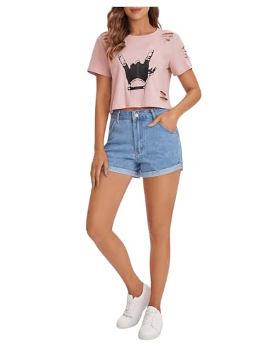 SweatyRocks Women's Short Sleeve T Shirt Graphic Print Distressed Crop Top Gesture Light Pink Small