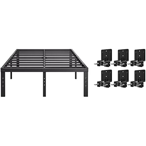 COMASACH 16 Inch Full Bed Frame and 6 Pcs Mattress Gaskets, Heavy Duty Metal Platform Bed Frames with 4500Lbs Steel Slat Support, No Box Spring Needed, Noise Free Non Slip Mattress Foundation, Black Cover