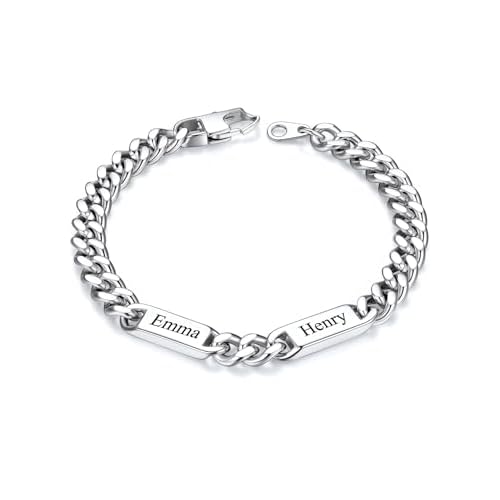 Custom4U Personalized Cuban Link Bracelet for Men, 5mm/7mm/9mm Width 1-6 Names Engraved Stainless Steel Customized Chain Silver Bracelet Jewelry Gifts for Men Women Mom Dad Husband Father a.