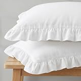 Q&J Fabric Co. 2 Pack Ruffled Gingham Pillow Covers, Standard Size, White | Luxury 600 TC 100% Washed Cotton Pillow Cases, Ruffled Edge, Checkered Plaid Pillow Shams, Hidden Zipper, Farmhouse Decor