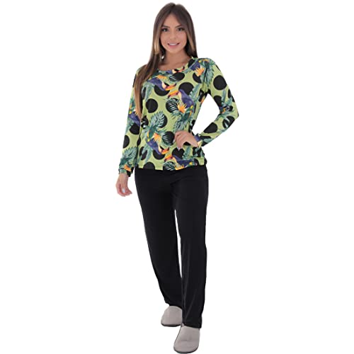 KIT 2 PIJAMAS DE INVERNO MANGA LONGA BICOLOR FEMININO MAIS BONITA (G, Onça/Tropical)