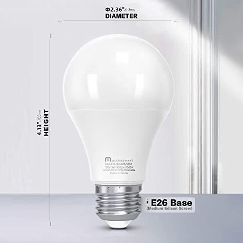 Mastery Mart A19 Led Light Bulbs 9W [60 Watt Equivalent], 5000K Bright Daylight White 800 Lumens, E26 Medium Base Non-Dimmable, Energy Star, Ul Listed (6 Pack) #TOP2