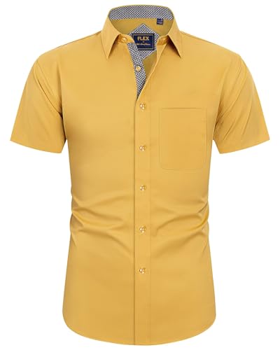 J.VER Herren Hemd Kurzarm Freizeithemd mit Tasche Regular fit Businesshemd Bügelleichte Oberteile Männer Modern,Gelb,L