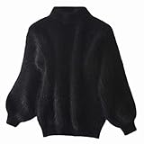 YOUMU - Suéter de piel sintética de mohair para mujer, suéter esponjoso, cuello alto, manga abombada, cálido, Negro, Talla única