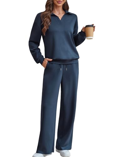 Braroz Womens Trendy Fall 2 Piece Outfits Lounge Sets Matching Sweatshirt Sweatpants Sweatsuits Tracksuit Navy M